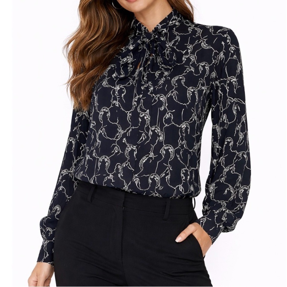 ASOS DESIGN deep scribble body print shirt in black tie neck granny style SZ SM